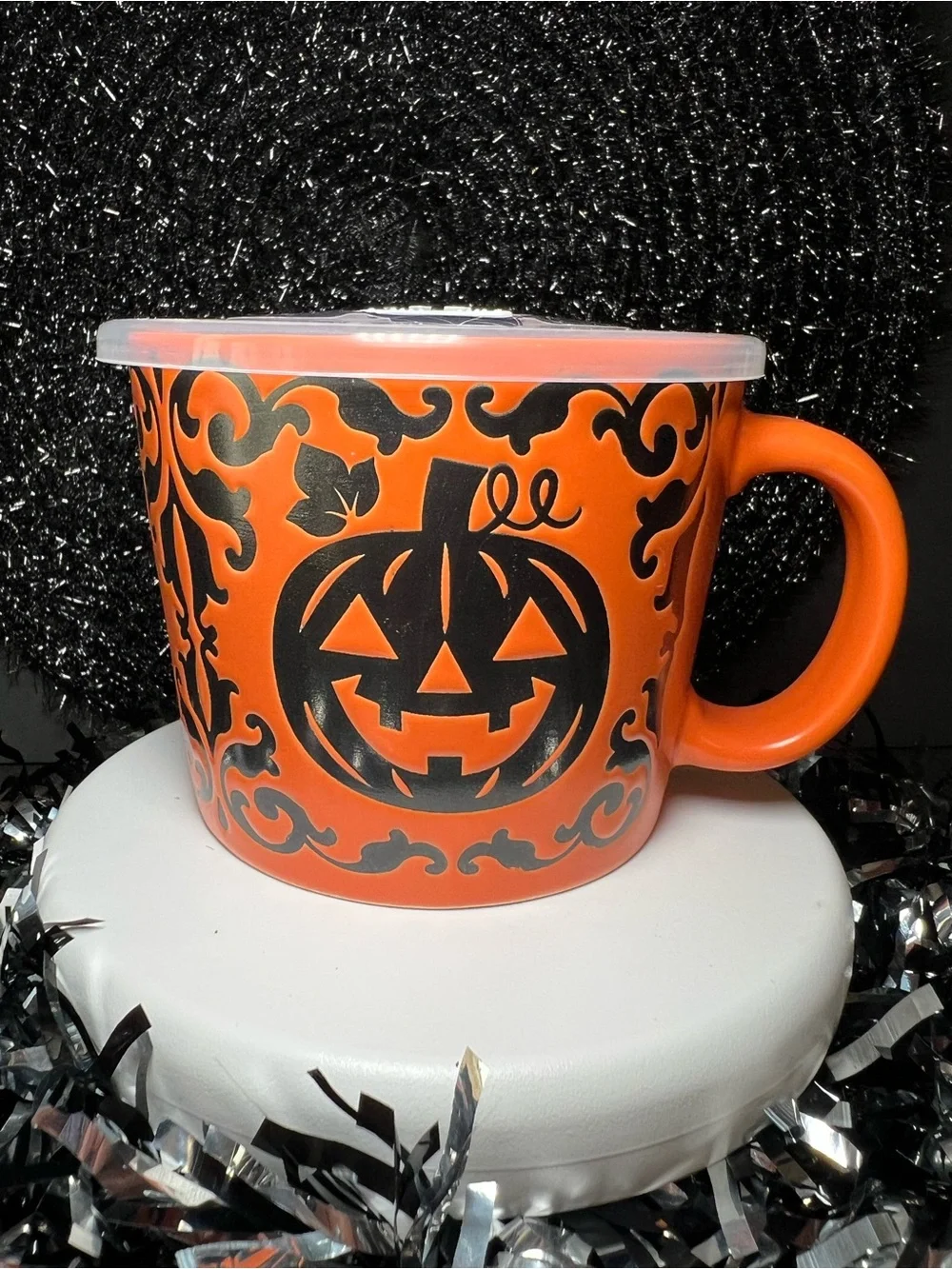Halloween Orange Stoneware Pumpkin Soup Mug w/ Lid Black Jack-o'-Lantern Souper